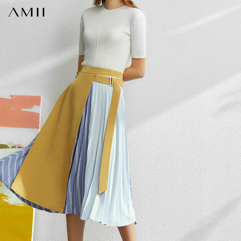 Minimalism Fashion Splice Denim Skirt Spring Summer Women's skirt High Waist Pleated Female 11970291 210527