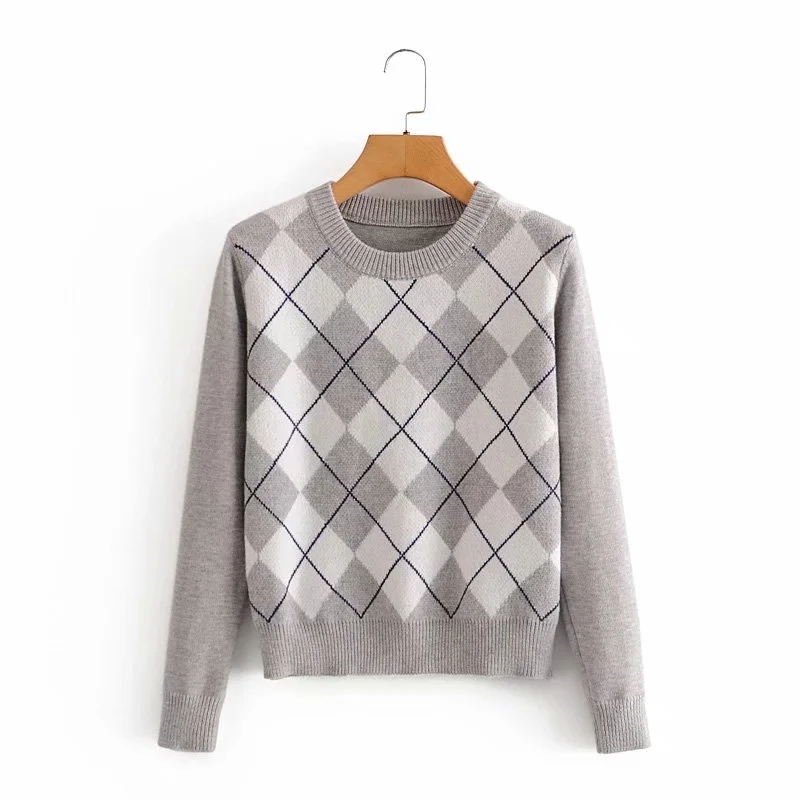 Women sweater pullover autumn diamond-shaped lattice women ladies chic cute top 210521