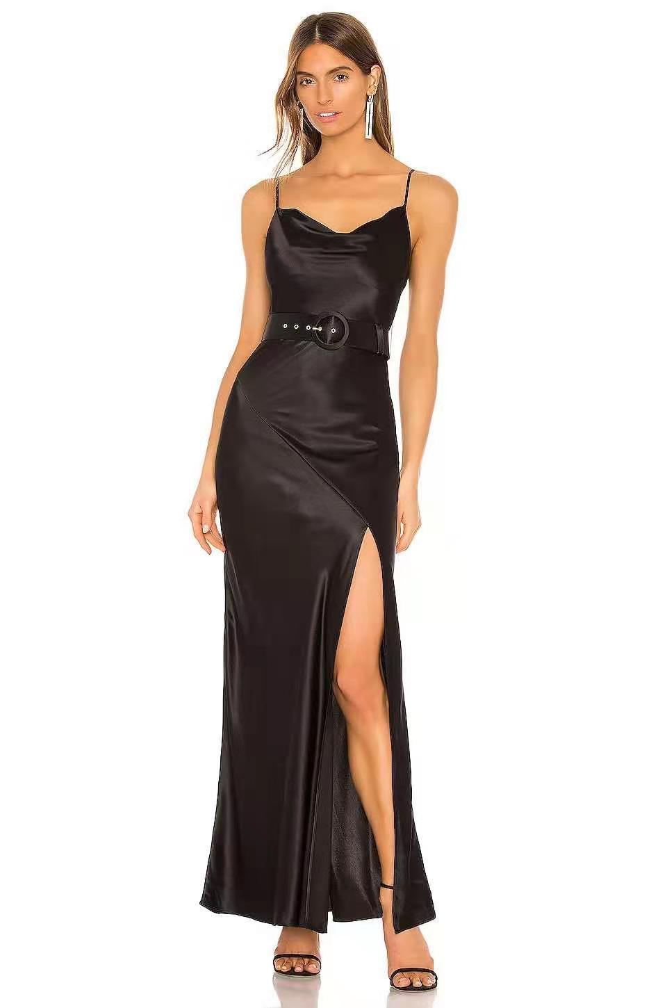 party maxi dress for women slim bodycon high waist camisole spaghetti strap blue satin silky sexy belt dresses lady robe 210421