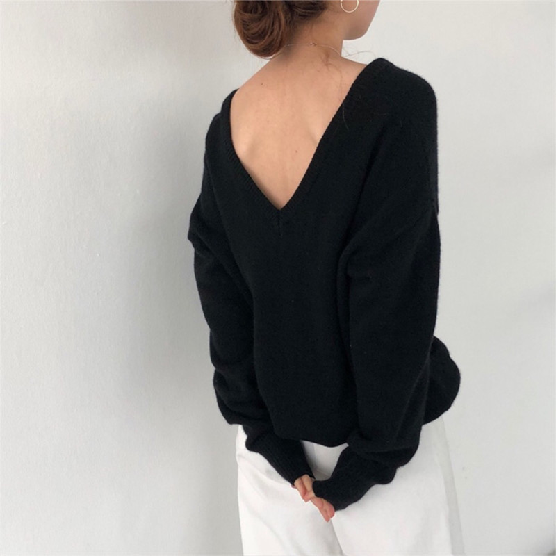 Solid V-neck Knit Sweaters Autumn Winter Off Shoulder Knitwear Tops Women OL Long Sleeve Loose Knitted Sweater 210421