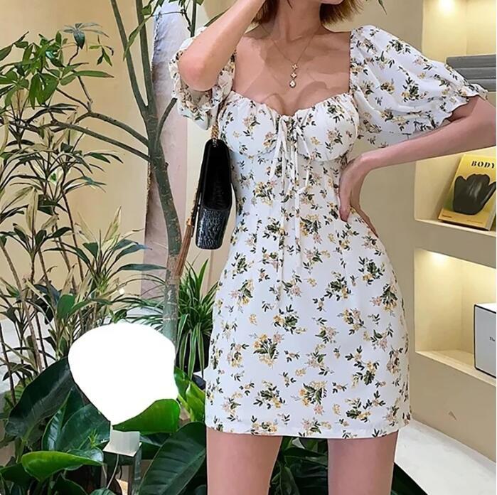 France Style Vintage Bandage Bow Square Collar Puff Sleeve Floral Women Dress Retro Slim Package Hips Mini Short Dresses Holiday 210429