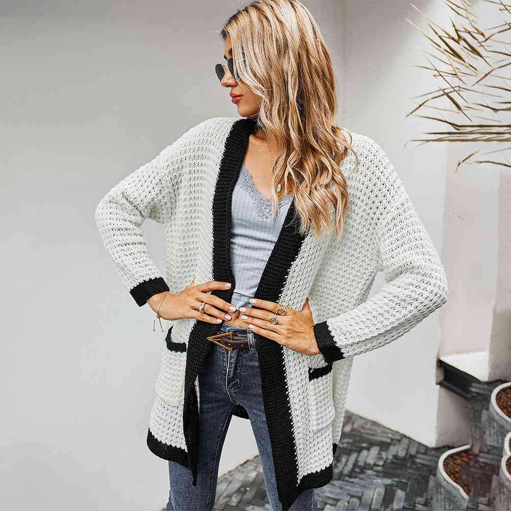 Autumn Winter Long Cardigan White Long Sleeve Patchwork Knitted Tops Jacket Coat Sweaters For Women Fall Clothing Fashion 210415