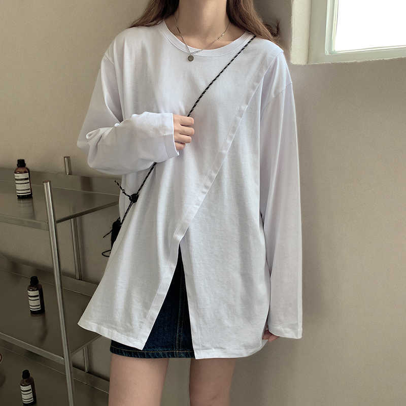 Spring and Summer Fashion Casual Loose Women's T-shirt Round Neck Cotton Side Slit Long-sleeved 210615Z