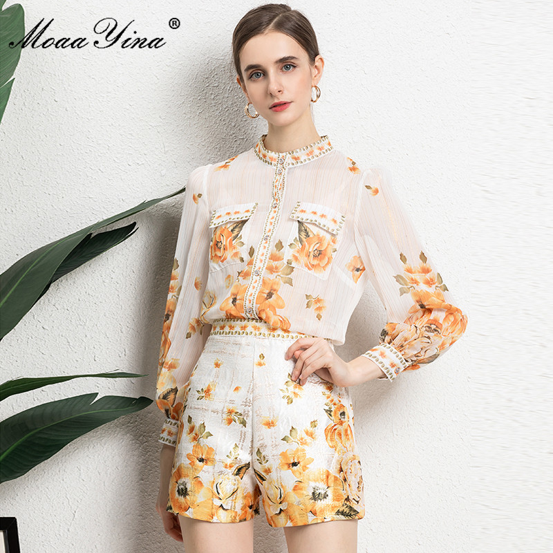 Fashion Runway Summer Shorts Set Women Long sleeve Floral print Casual Blouse and Slim 2 Pieces Suit 210524