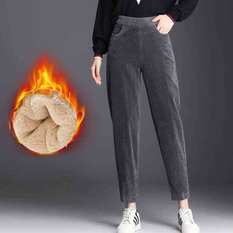 Plush Thick Casual Pant's Corduroy Warm Autumn And Winter High Waist Harem Trouser 211124Z