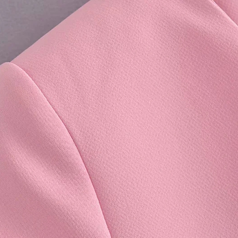 Elegant Women Pink Tweed Cropped Blazer Jacket Summer Single Breasted Double Pockets Short Sleeve Jacket Coat Chic Tops 210521