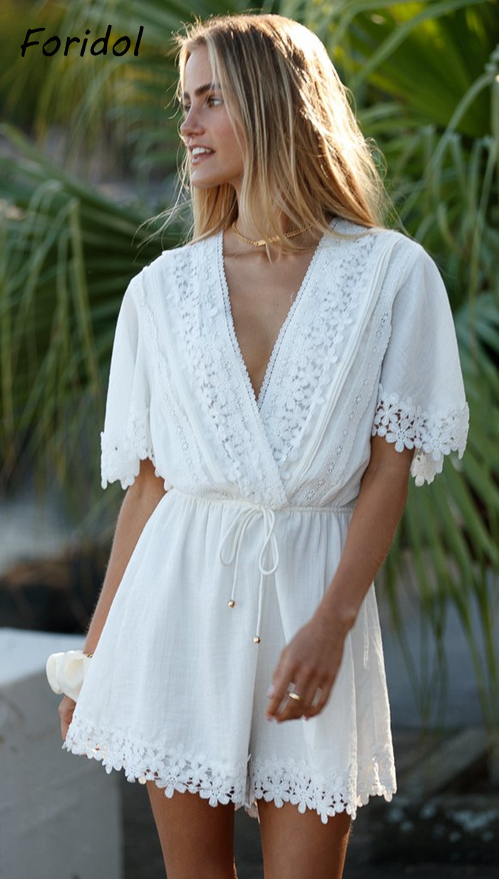 Foridol White Lace Floral Playsuit Romper Spring Summer Women Beach Playsuit Elegant V Neck Women Fashion Clothes 210415
