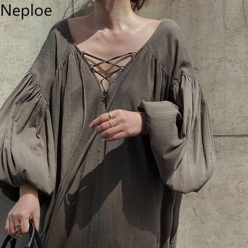 Neploe Japanese Vintage Maxi Dresses Fir Women Solid Color Bandage Sexy V-neck Vestidos Puff Sleeve Loose Robe Blackless Dress 210422