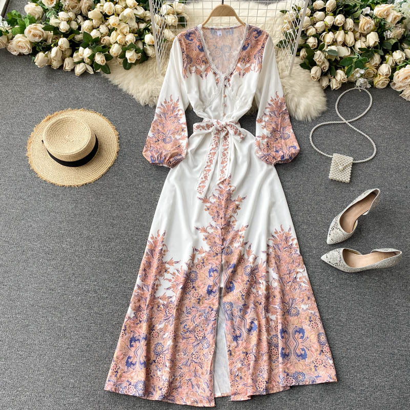 Spring Boho Holiday Long Dress Women Fashion Print Maxi Dress French Lace V Neck Puff Sleeve Button Lace Up Dresses 210521