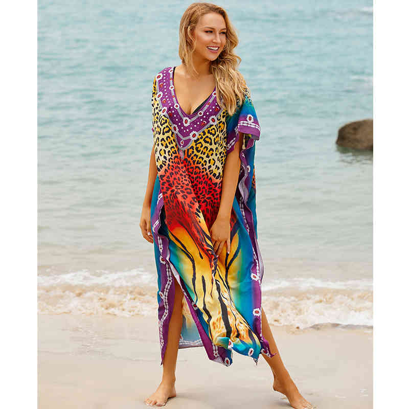 Quick-drying Swimwear Cover-ups Bohemian Leopard Printed Summer Dress Cotton Tunic Women Beach Wear Swim Suit Cover Up Q990 210420