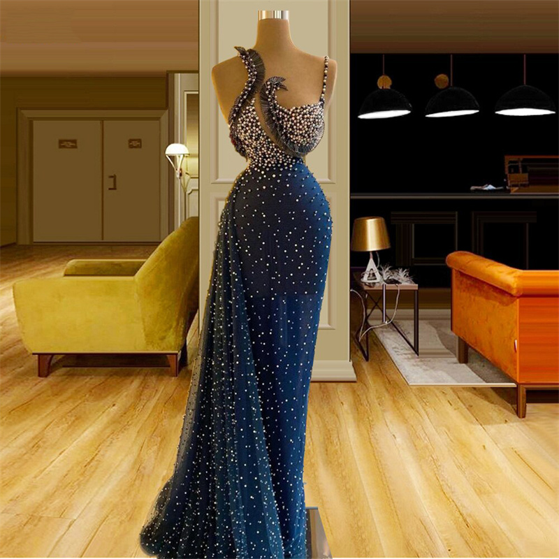 More Pearls Navy Blue Mermaid Prom Dresses Sleeveless Evening Dress Custom Made Beaded Spaghetti Strap Celebrity Party Gown