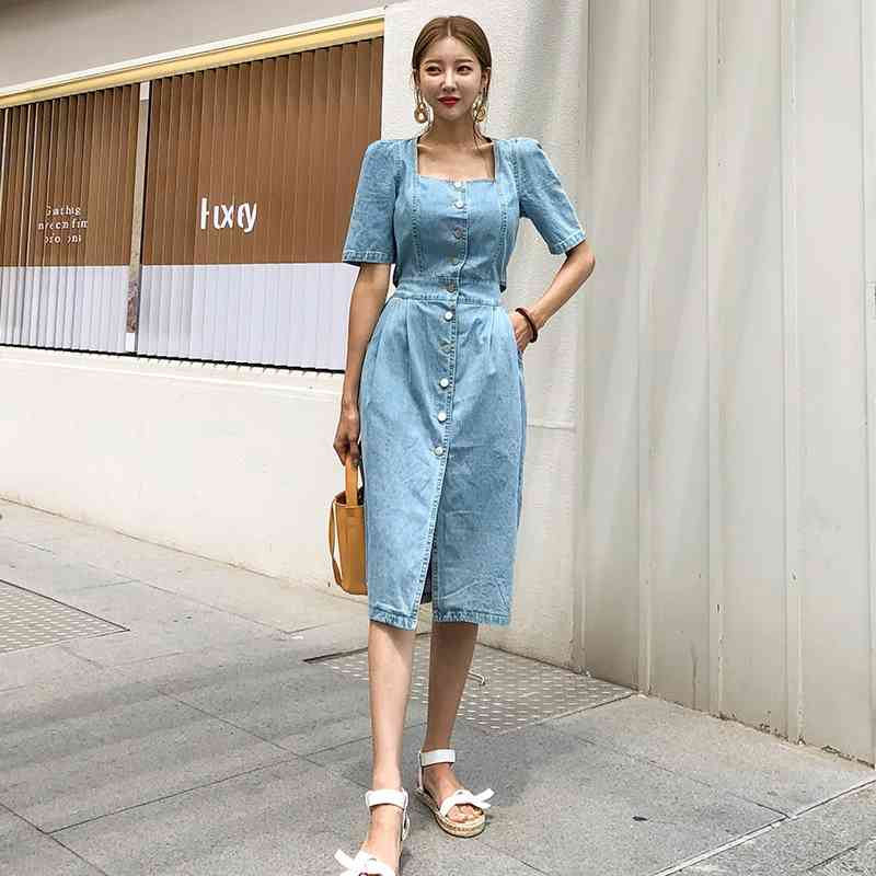 Women Denim Dress Summer Vintage High Elastic Waist Hollow Out Sexy backless Single-breasted Street Fashion Long 210520