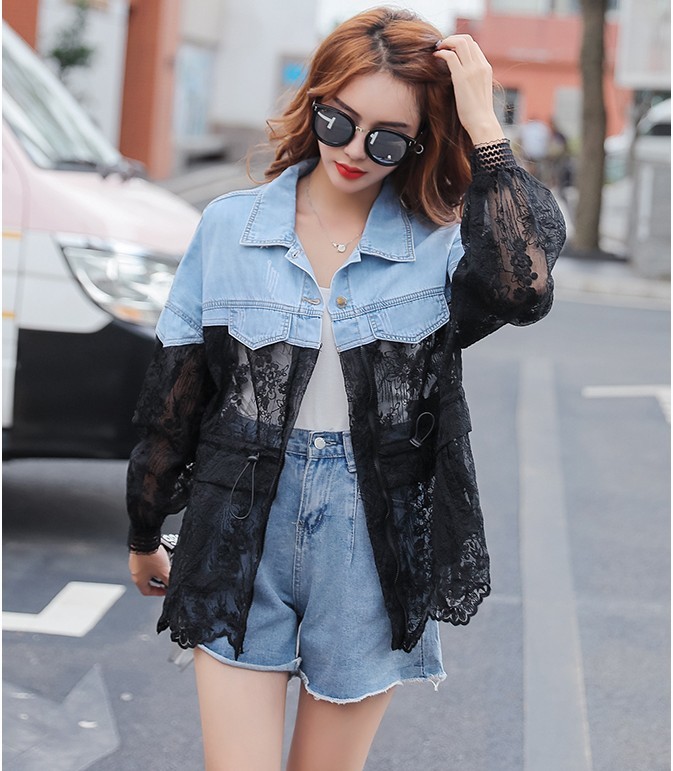 Summer Fashion Stitching Lace Embroidery casual Denim Jacket Women's Coat Loose Denim Coat 210518