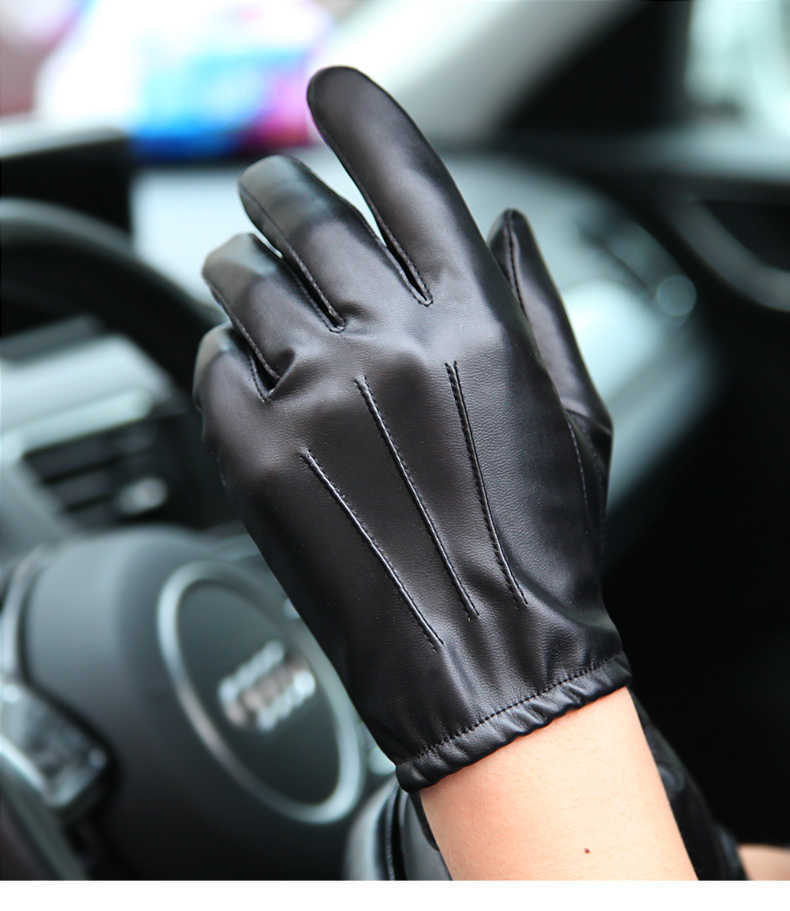 Long Keeper Fashion Black PU Leather Gloves Male Thin Style Driving Leather Men Gloves Non-Slip Full Fingers Palm Touchscreen H0818