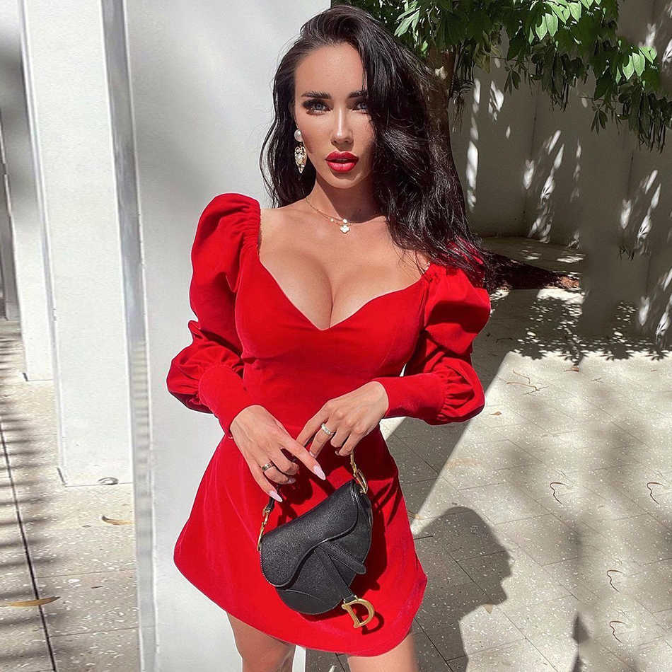 Summer Women'S Retro Solid V-Neck Powder Puff Sleeves Elegant Red Velvet Ladies A-Line Mini Sexy Party Dress 210525