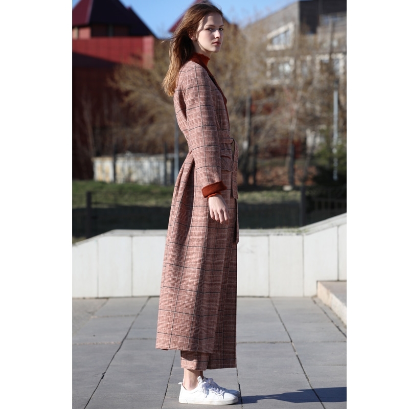 Winter Women Plaid Woolen Two Piece Set Elegant Loose Double-sided Coat and Long Pants 11880095 210527