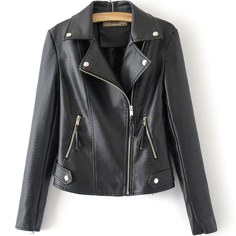 Serpentine PU Locomotive Lapel Long Sleeve Zipper Slim Women's Jacket Autumn Slim Fashion Black Female Coat Harajuku 210507