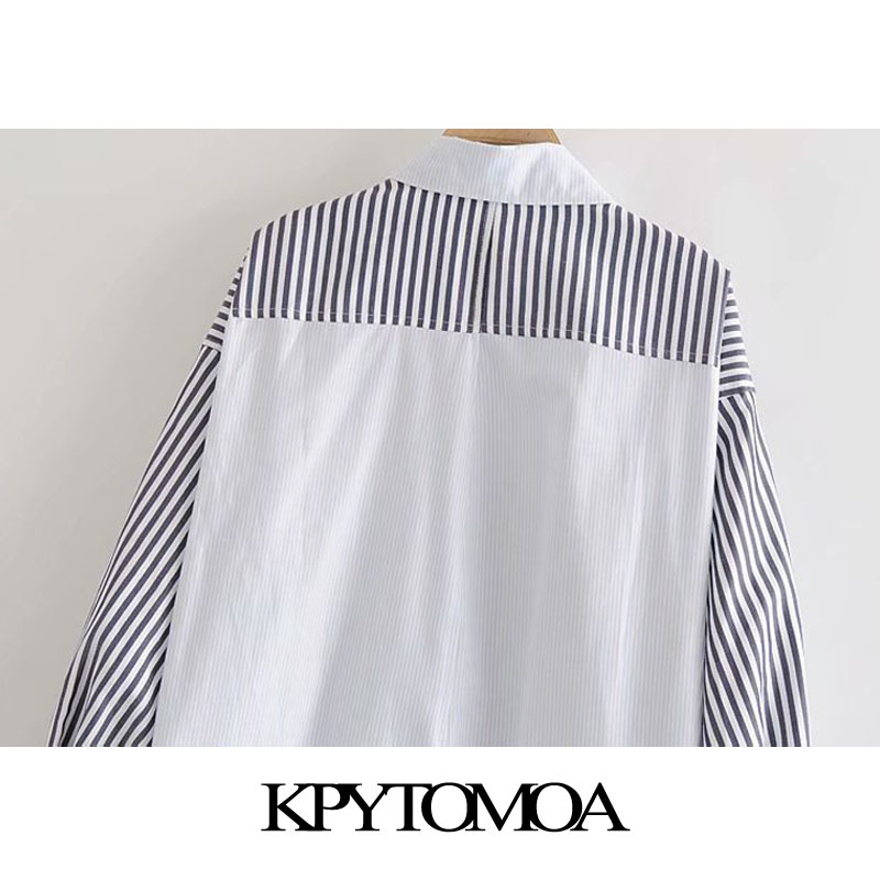 Women Fashion Striped Patchwork Loose Asymmetry Blouses Long Sleeve Button-up Female Shirts Chic Tops 210420