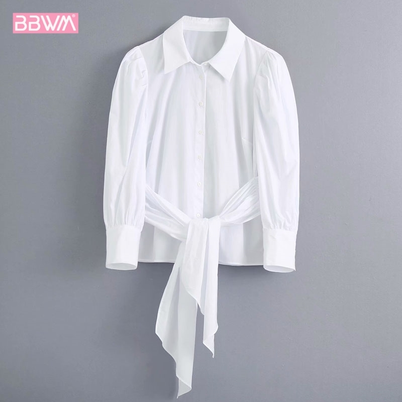 Lapel Single-breasted Long-sleeved Bow-knot Solid Color Chic Female Shirt Korean Style Simple and Personalized Women's Tops 210507