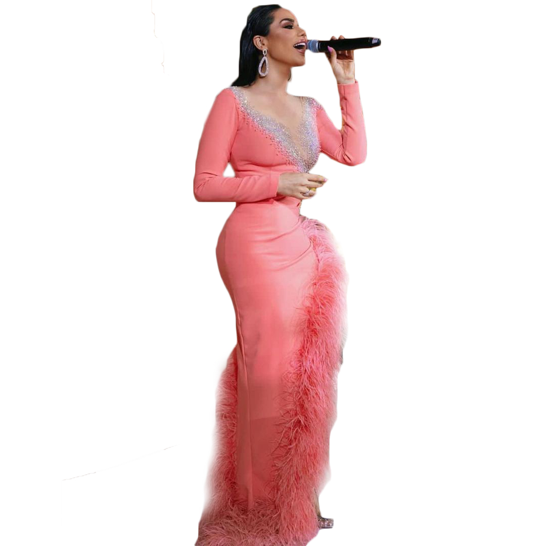 Ostrich Feather Pink Mermaid Evening Dresses Beading V Neck Long Sleeve Red Carpet Party Gowns Plus Size Side Split Prom Club Formal Dress