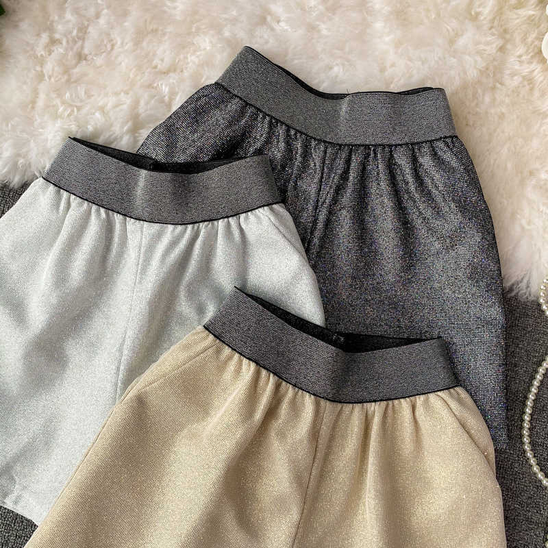 Korea Blingbling Stretch High Waist Wide Leg Shorts Summer Causal Women Short Pantalones Cortos De Mujer 6G753 210603