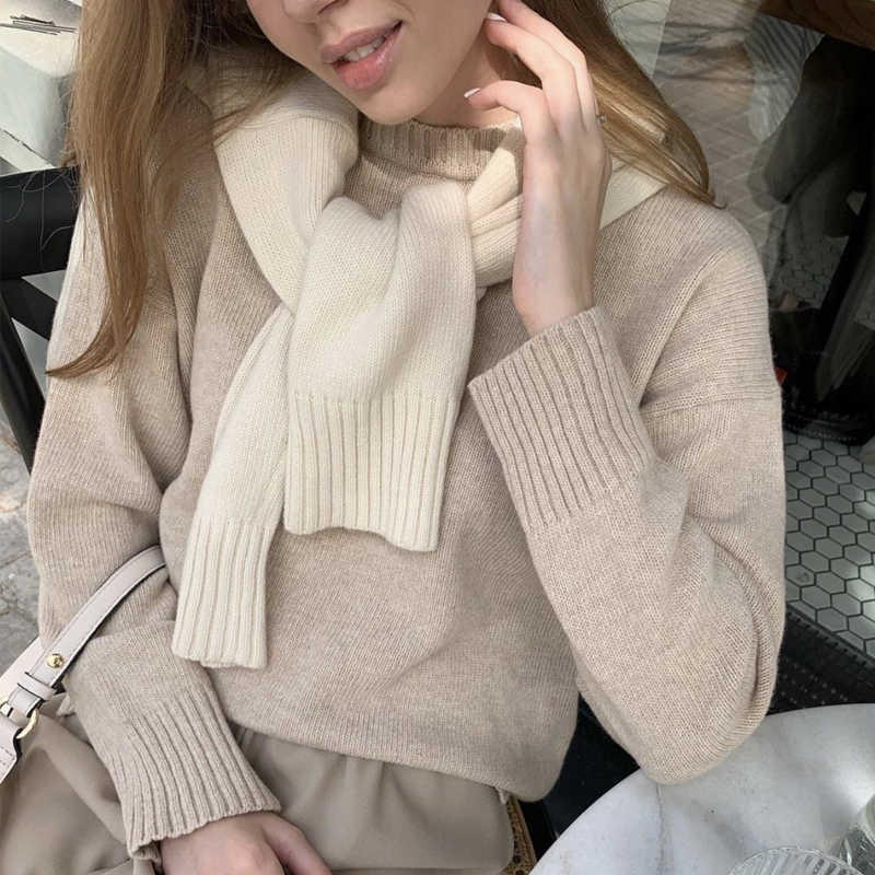 Hirsionsan Basic Khaki Knitted Cashmere Sweater Winter Loose Solid Ladies Pullovers Warm Casual Knitwear Jumper 211011Z