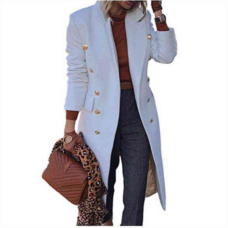 Woolen Coat Women White Pink Khaki Lapel Fashion Slim Tops Autumn Winter Plus Size Temperament Long Blends Jacket GH517 211106