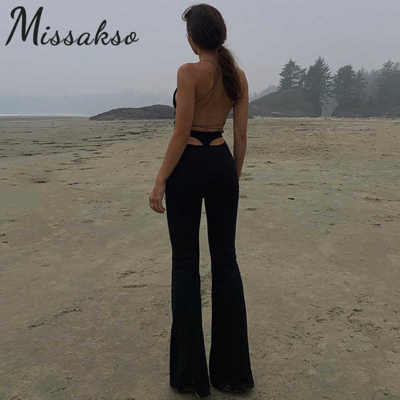 Missakso Hollow Out Flare Pants Y2K Summer Women Black White Sexy High Waist Stretchy Skinny Trousers Streetwear Party 210625wtt