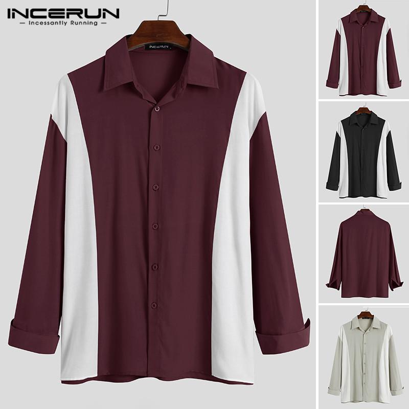 Long Sleeve Patchwork Camisa INCERUN Men Shirts Leisure Man Elegant Lapel Neck Blusas 2021 Fashion Buttons Chemise Masculina 5XL Men's Casua