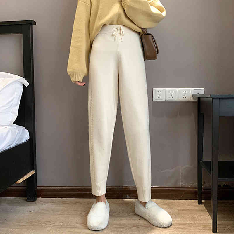 Nomikuma Autumn Winter Knitted Women Pants Lace Up Stretch High Waist Ankle Trousers Causal Solid Sweater Pants Femme 6D200 210427