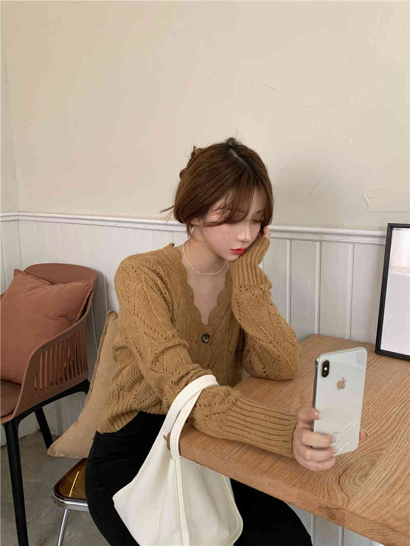 2 colors autumn korean style V neck hollow out thin knittd cardigans womens sweaters womens (R99388) 210423