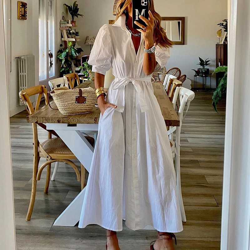 Women Dress Short Sleeve Single Breasted Shirt es Temperament Lace Up Large Hem Maxi es Long Summer 210524