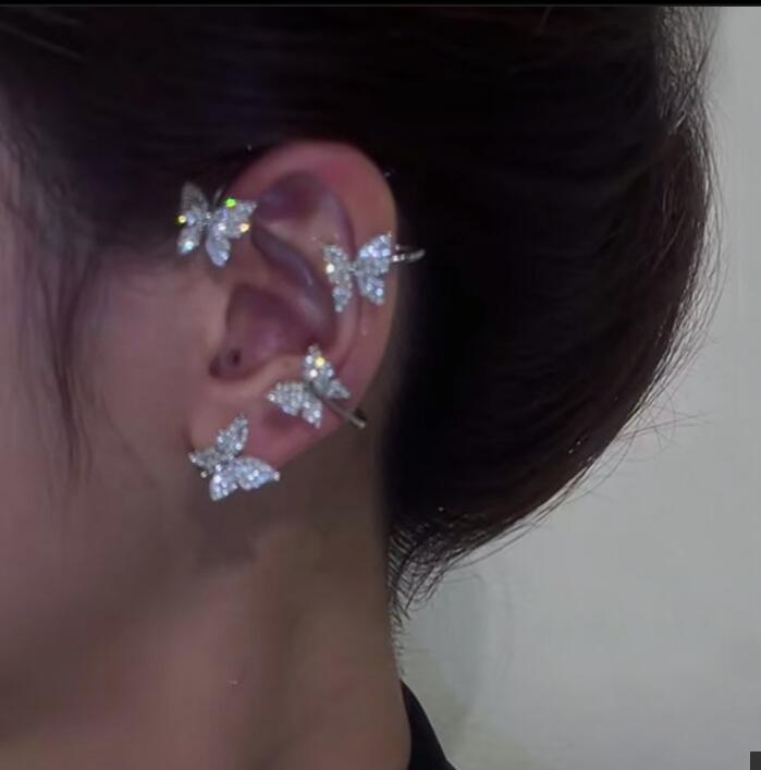 Silver Plated Metal Butterfly Ear Clips Without Piercing For Women Sparkling Zircon Ear Cuff Clip Earrings Wedding Jewelry GC797
