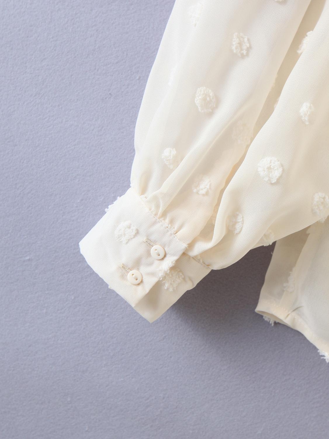 Romantic See through 3D Dot Chiffon Shirt Beige Retro Woman Stitching Elastic Lantern Long sleeve Blouse Sweet Tops Blousas 210429