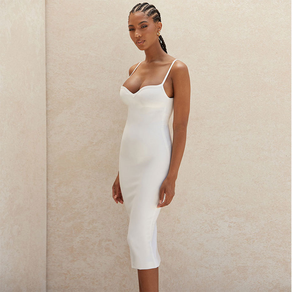Free Women Bandage Dress White Sexy V-neck Spaghetti Sleeveless Bodycon Nightclub Club Party Midi 210524