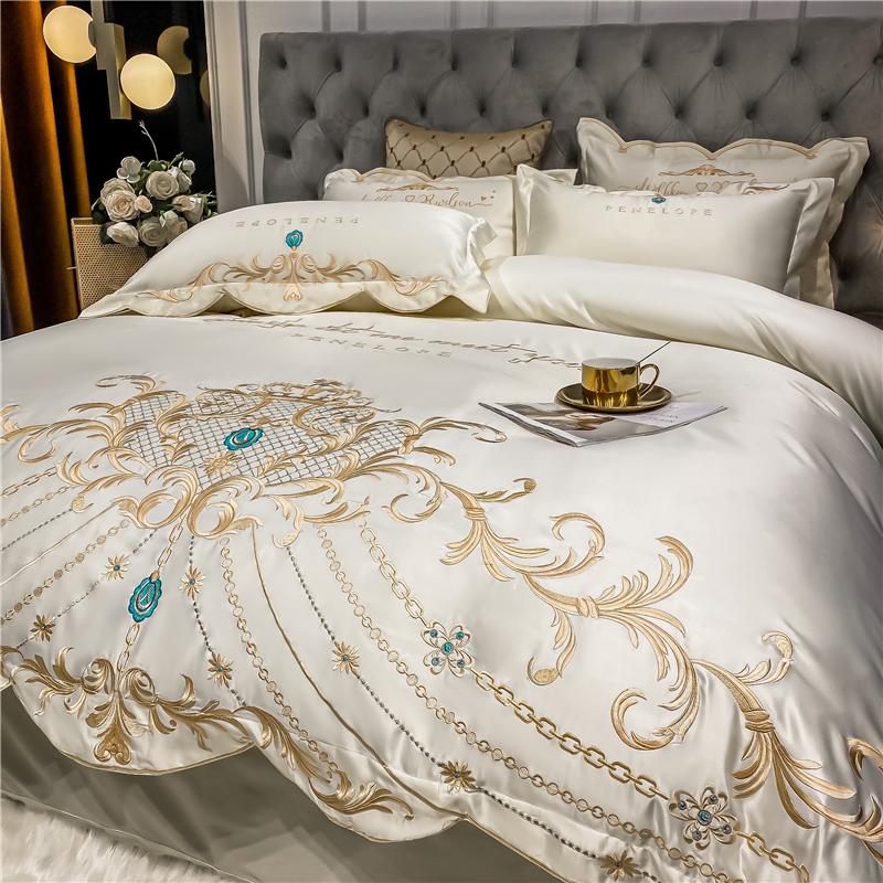 Luxury White Satin Silk Cotton Bedding Set Soft Silky Gold Embroidery Duvet Cover Flat/Fitted Sheet Pillowcases Home Textiles Sets