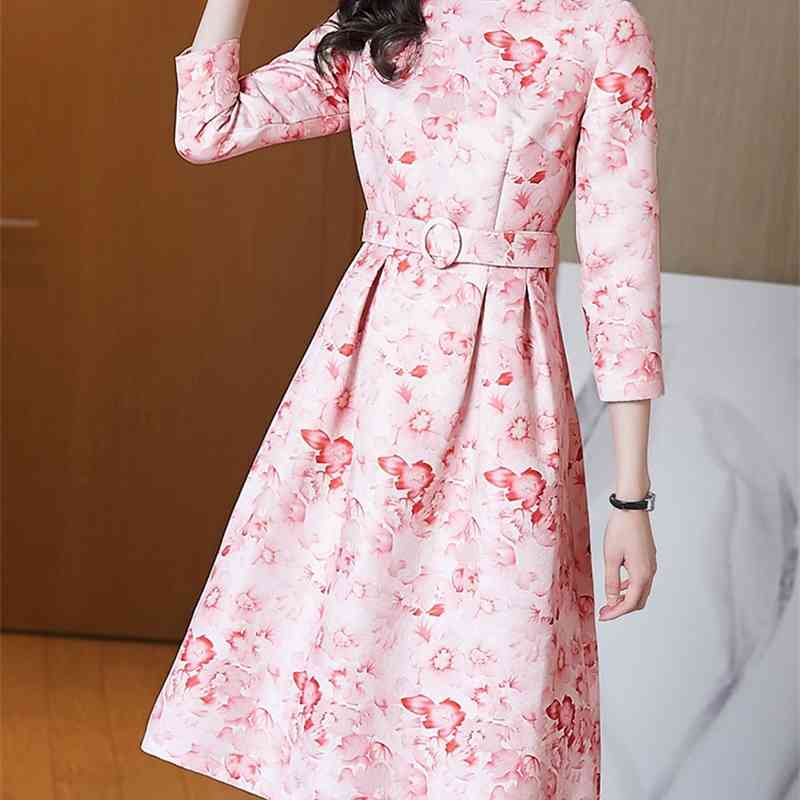 Women's Spring Runway Elegant Pink Dress Fashion O-Neck 3/4 Sleeve Print Slim Retro Dresses Vestdios 210519