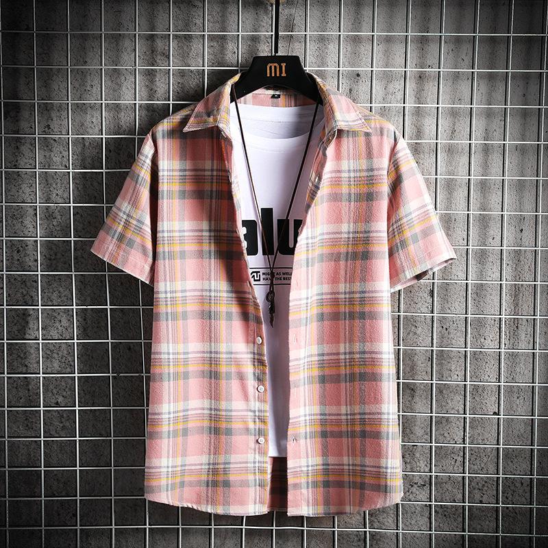 Harajuku Fashion Mens Plaid Shirts Short Sleeve Cotton Striped Male Streetwear Summer Tops Dress Chemise Homme Plus Size Men's Casual