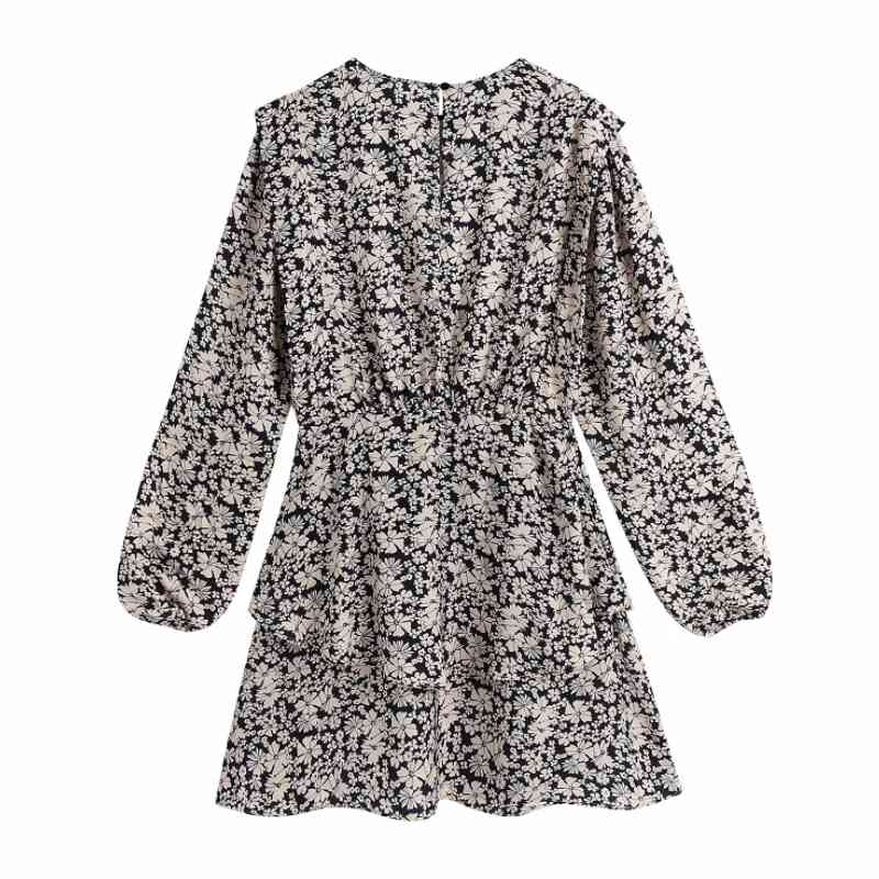 Spring Women Flower Print Cascading Ruffle Slim Mini Dress Female Long Sleeve Clothes Casual Lady Vestido D7267 210430