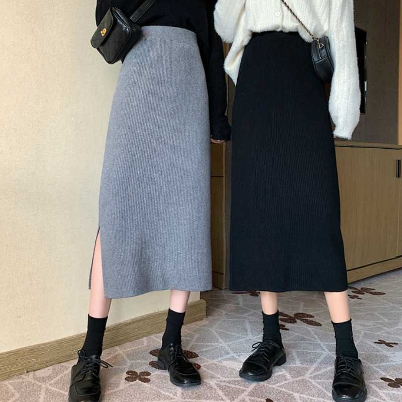 Autumn and Winter Korean Long Back Slit Skirt Hip Skirts All-match High Waist Slimming Black Knitted Skirt Women Plus Size 211119