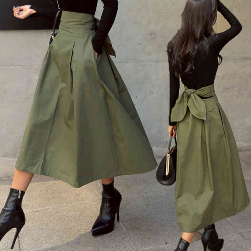 Autumn Solid Skirts Womens Korean Style Cotton Big Swing Ladies Skirt Long Wild High Waist Bow Slim Jupe Femme 9763 210508