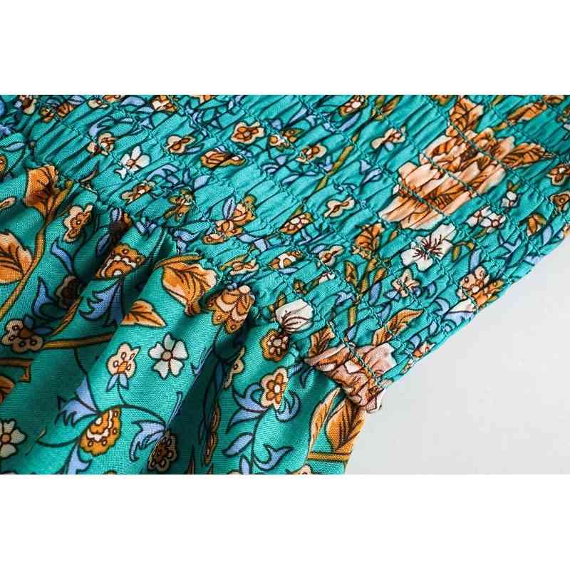 Bohemia Floral print Elastic Ruched Body Slash Shoulder BOHO Dress Summer Holiday Woman Short Sleeve Knee length Beach 210429