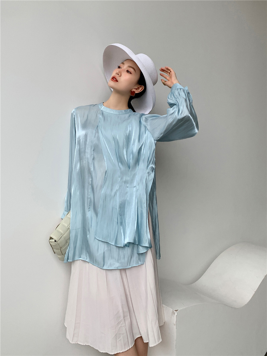 Aqua Blue Satin Long Sleeve Blouse Women Ruched Top Asymmetrical Ladies Glitter Korean Fashion Clothing 210427