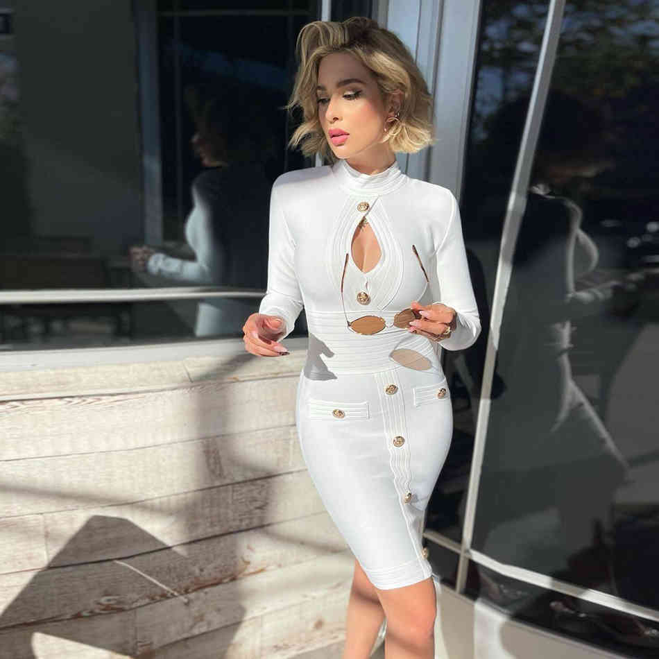 Free Women's Summer Bandage Dress White Long Sleeve Single Breasted Bodycon Sexy Hollow Club Party Vestidos 210524