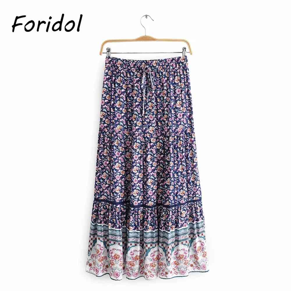 Foridol Floral Print Bohemian Long Skrits Womens High Waist Blue Hollow Out Maxi Skirt A-line Summer Casual Skirt Bottoms 210415
