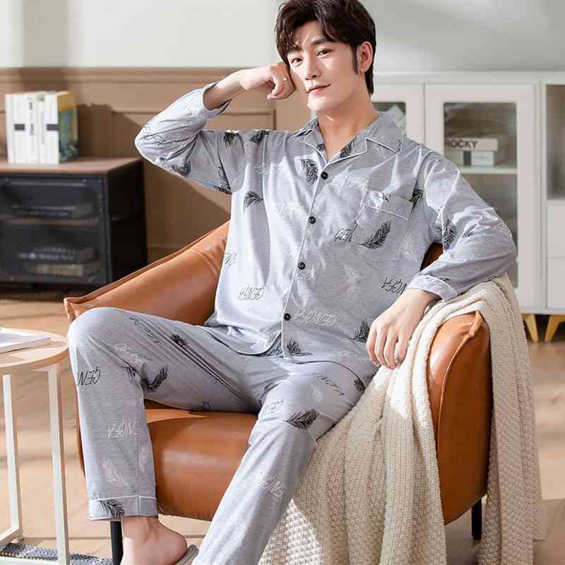 Style Men's Pajamas Set Spring Autumn Warm Cotton men Pajamas Sets Long Sleeve Sleepwear Top +Pant Leisure Wear Cloth 210812
