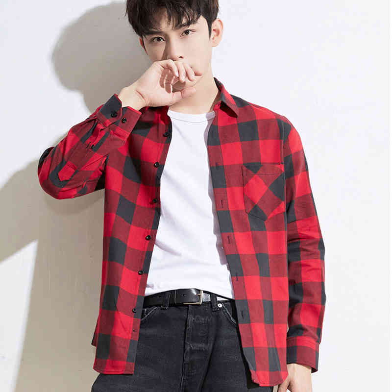 Men's Fashion 100% Cotton Brushed Flannel Shirts Single Pocket Long Sleeve Slim-fit Youthful Soft Casual Plaid Checkered Shirt 210410