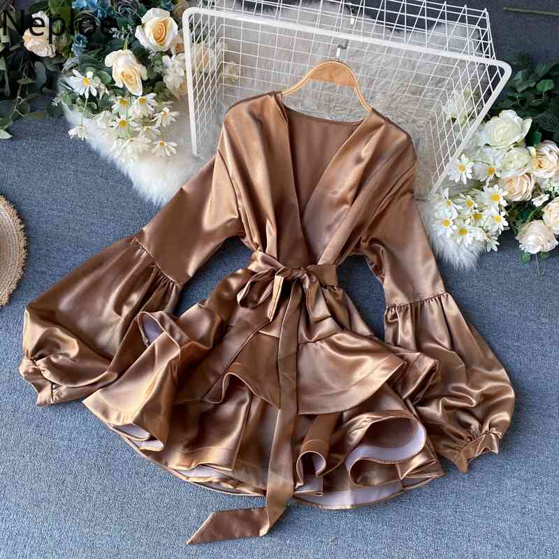 Neploe Korean Fashion Dress Woman Satin Temperament Vestidos Mujer V-neck Lantern Sleeve Robe Lace Up Ruffles Elegant Dresses 210422