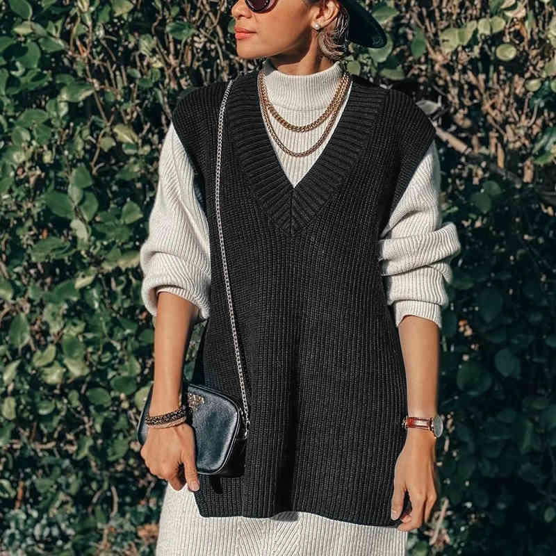 Solid Casual V Neck Knitted Sweater Vest Women Side Split Sleeveless Pullover Tops Autumn Winter Ladies Waistcoat 210415