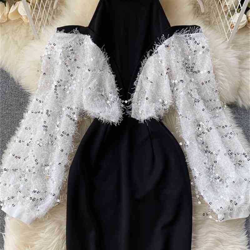 Neploe Halter O-neck Shoulder Strapless Women Mini Dress Bling Sequined Tassel Dresses Panelled Patchwork Sexy Bodycon Vestidos 210422